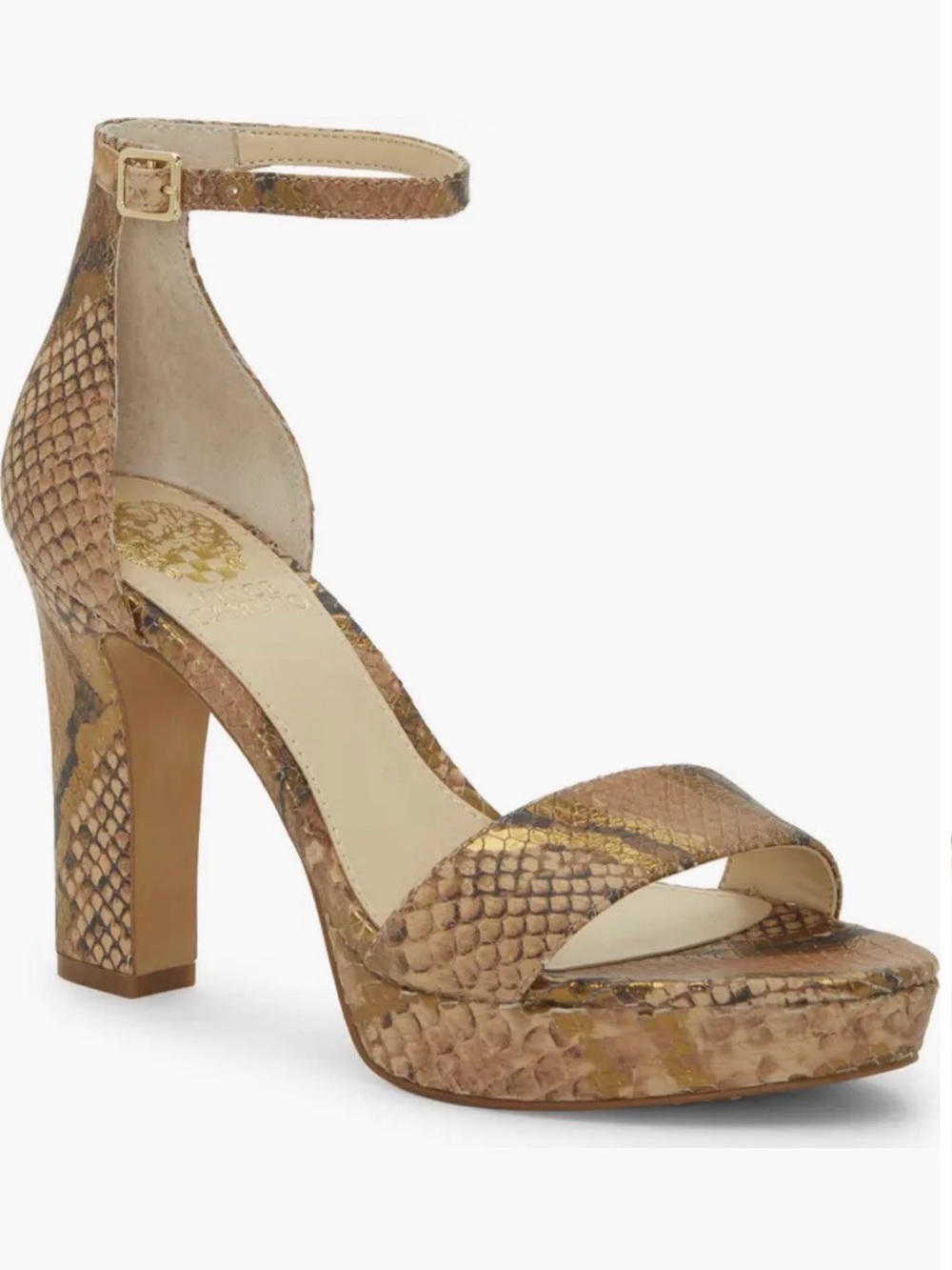 Vince Camuto Brown and Gold Snakeskin Heels